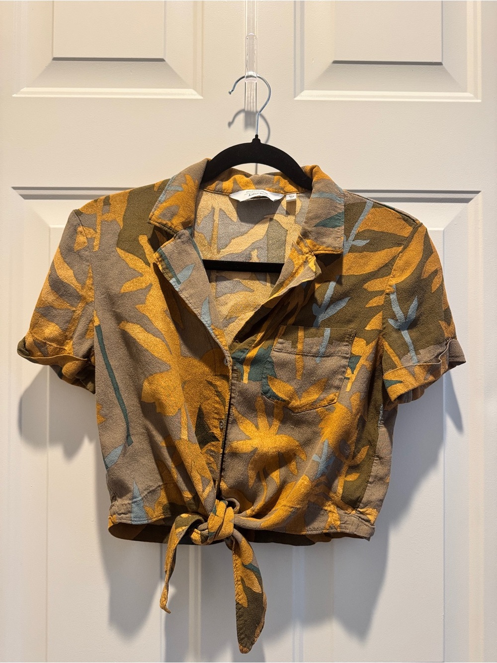 & Other Stories Mustard, Olive and Light Blue Floral Tie-Front Crop Shirt